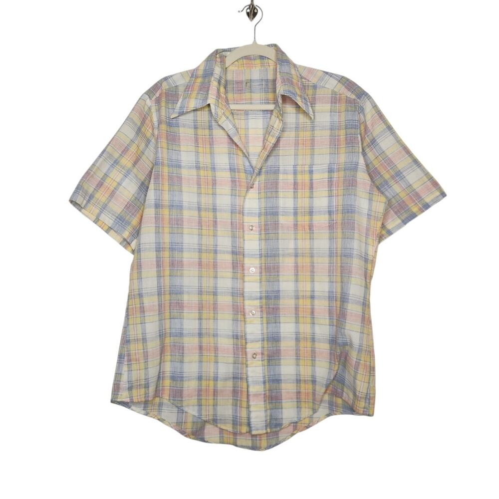 Vintage 70s Rockabilly Grunge Plaid Short Sleeve Button Shirt Pastel Picnic Art